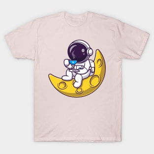 Cute Astronaut Drinking Coffee On The Moon Cartoon T-Shirt